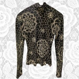 Sheer Mesh Turtleneck Top – White Lace Print